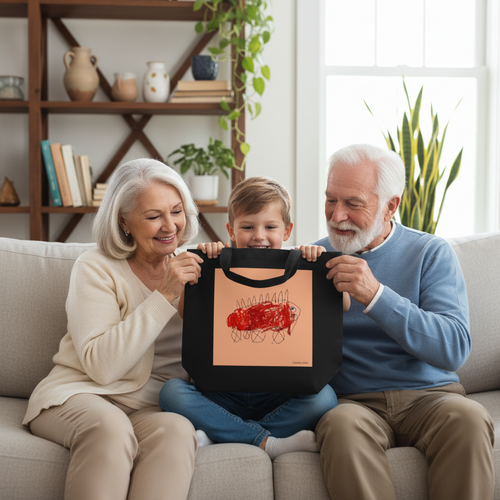 Grandparents with grandson in blue jeans showing tote bag